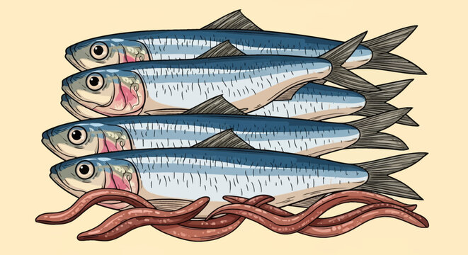 Vector illustration of fresh whole sardines and cured anchovy fillets. Four small silver fish stacked horizontally with brown fish strips at the base on a plain cream background.