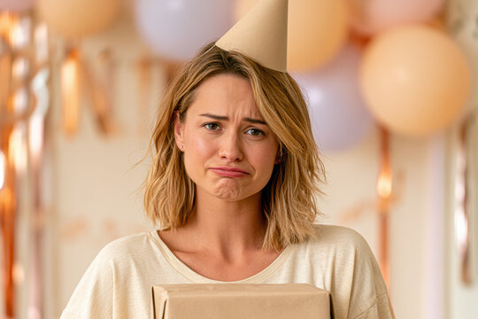 A woman in a party hat appears disappointed while holding a gift box, with blurred balloons and festive decorations in the background.
