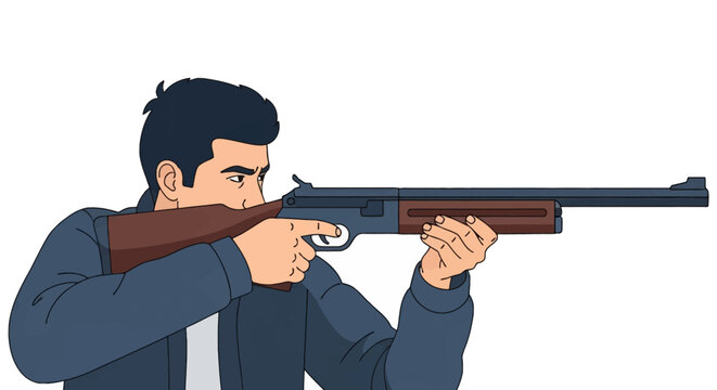 Vector illustration of a man with dark hair wearing a blue jacket aiming a rifle with a wooden stock and barrel. Side profile of a shooter practicing marksmanship on white.