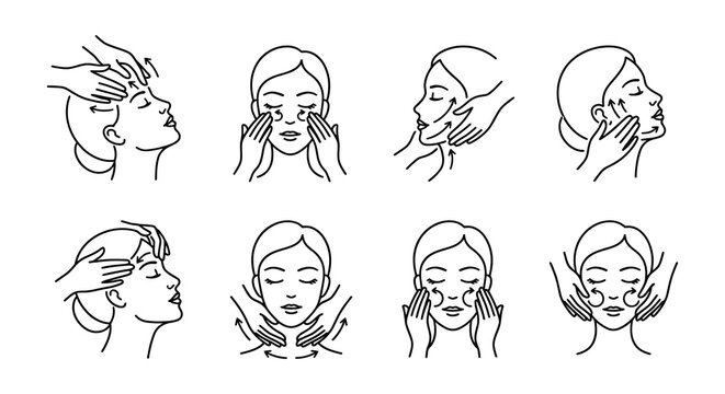 Facial Massage Techniques Vector Illustration Line Art Style