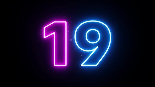 Glowing neon number nineteen in pink and blue colors