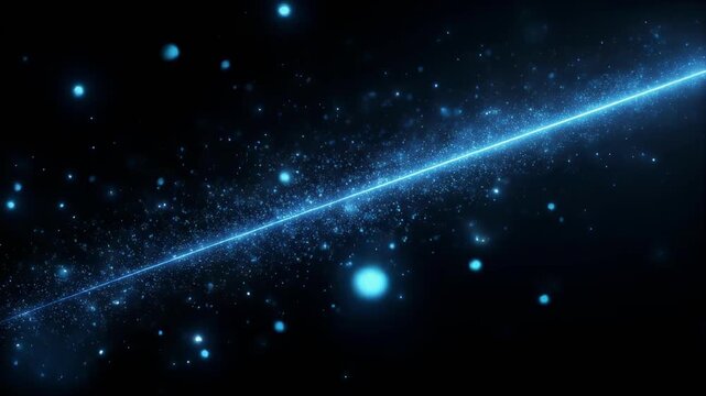 Bright blue laser beam cuts through darkness, sparkling with light particles, creating mesmerizing visual effect in night