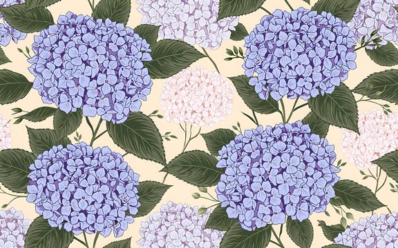 Seamless pattern with hydrangea flowers and green leaves
