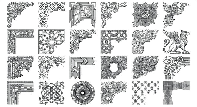 Vintage ornamental corner borders set, 24 decorative frame elements in EPS format, classic victorian and celtic filigree line art for certificates