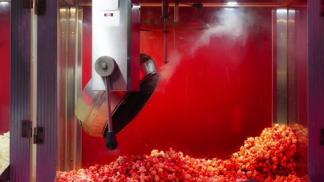 Fresh caramel popcorn falling from hot kettle into display case of commercial popcorn machine. Sweet crunchy snack prepared for cinema visitors. Concept of movie theater food, entertainment