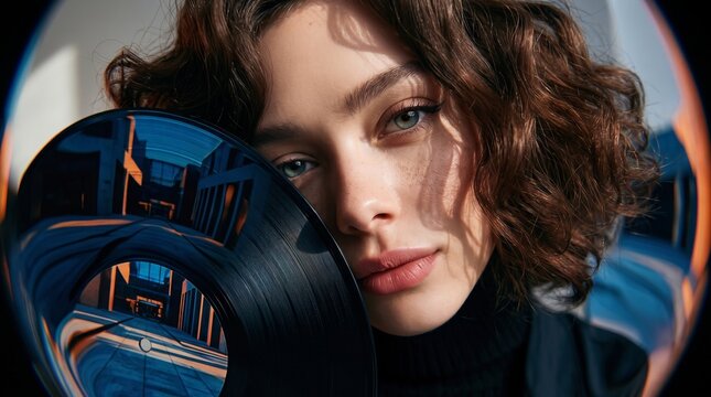Woman Holding Vinyl Record with Urban Reflection