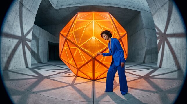 Woman in Blue Suit Interacting with Glowing Orange Geometric Shape