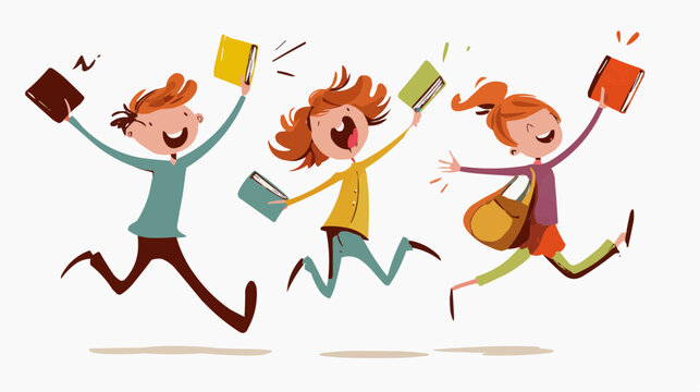 Three joyful children jump and run with books in their hands feeling excited and happy about learning and education