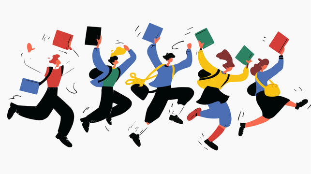 Energetic students jump and run with books and backpacks feeling excited and happy for education and success