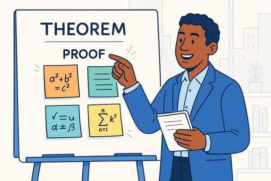 Smiling teacher explaining a math theorem proof with colorful notes on board in modern classroom with abstract light background. Ai generative. Ai generative