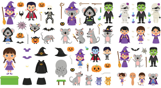 Cute Halloween Character Collection with Witch, Vampire, Zombie, Mummy, Mouse and Costume Vector Set