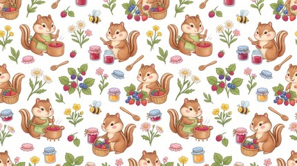 Obraz premium Chipmunks make jam, collect fruit near bees & flowers