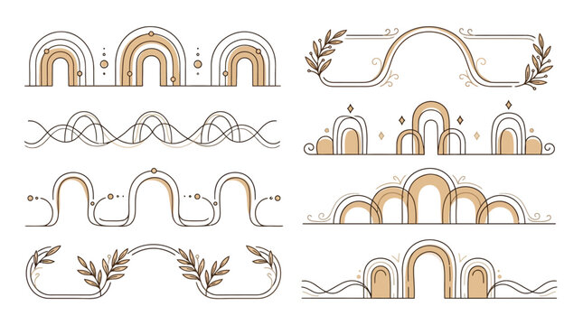 Boho style decorative borders and dividers with rainbows and abstract shapes, vector illustration.