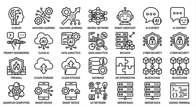 24 AI Technology Icon Set - Machine Learning, Neural Network, Cybersecurity, Cloud Computing, Blockchain, IoT, Quantum Computing Vector Line Icons