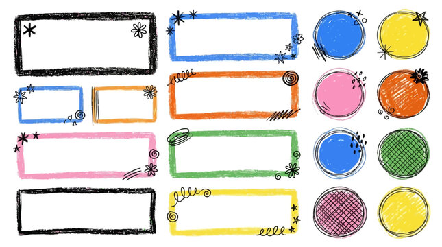 Hand-drawn artistic crayon and pencil sketch text box collection featuring diverse rectangular and circular frames with charcoal texture for creative graphic design and note elements.