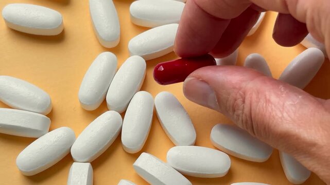 A hand picking up a single red capsule from a pile of white pills