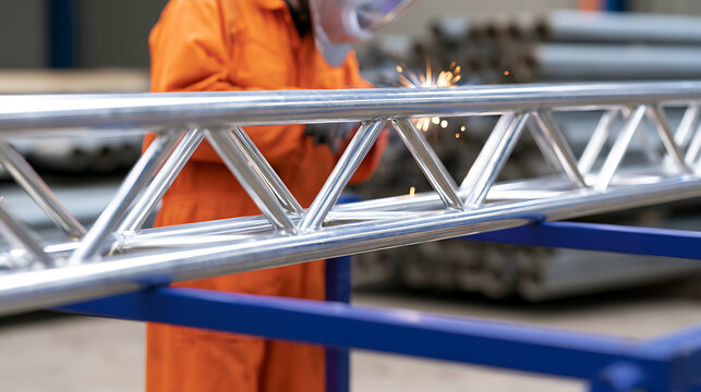 Industrial worker in protective gear actively welds metal truss with sparks, showcasing focused work in a manufacturing or construction environment, professional engineering