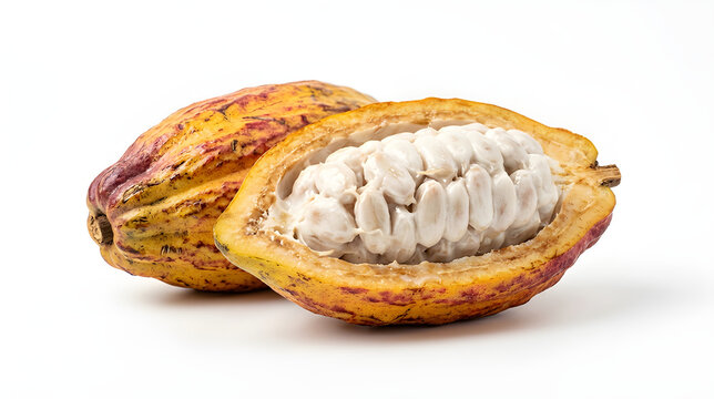 Opened Raw Cacao Pod with White Cocoa Beans Isolated on White Background