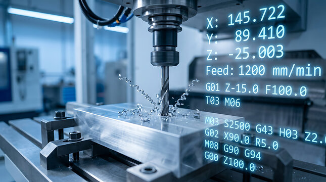 High-tech manufacturing process with CNC machine cutting metal, displaying real-time data interface