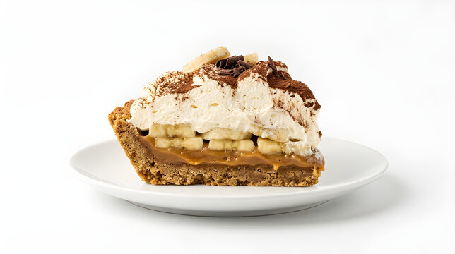 Slice of Banoffee Pie with Cream and Chocolate Shavings Isolated on White