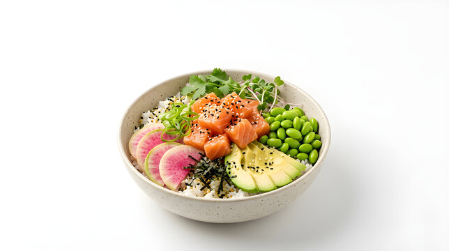 Salmon Poke Bowl with Avocado Edamame and Radish Isolated on White