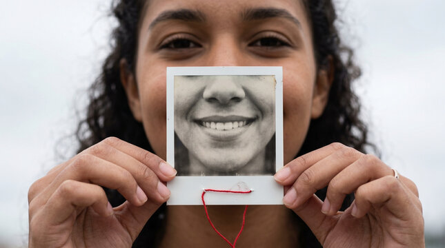 Mujer sosteniendo una fotograf&iacute;a antigua que alinea con su sonrisa
