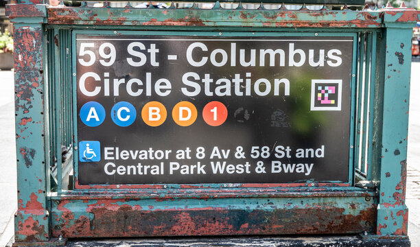 New York, New York USA - July 2, 2026: Sign on subway entrance at 59th Street and Columbus Circle.