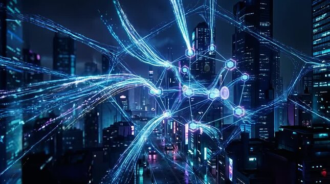 Futuristic Cityscape with Glowing Holographic Data Connections