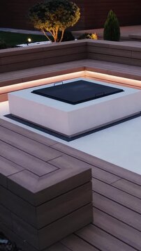 Vertical video. Modern outdoor fire pit with LED-lit wooden seating and terrace beside a contemporary home.