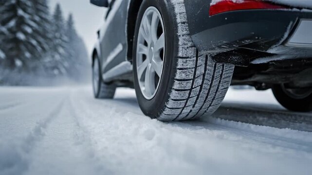 Close Up of Tire Gripping and Spinning Through Fresh Snow Forest Road, Showcasing Power and Control Winter Driving Conditions