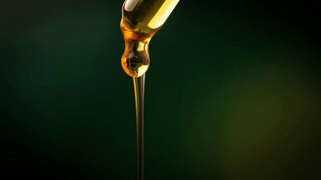 Golden liquid drips from glass dropper close up, creating mesmerizing effect against dark blurred background for captivating