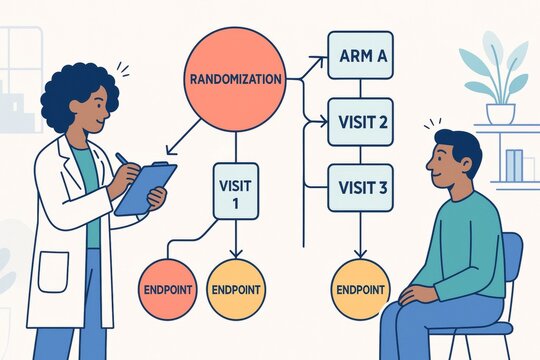Clinical trial process illustrated with doctor and patient interaction, showing randomization and endpoints on light background conceptually explained. Ai generative