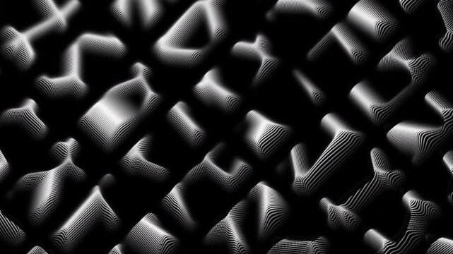 Abstract monochrome motion background featuring irregular relief blocks with layered contour lines and high contrast shading. Repeating textured pattern on a black background for modern visual design.