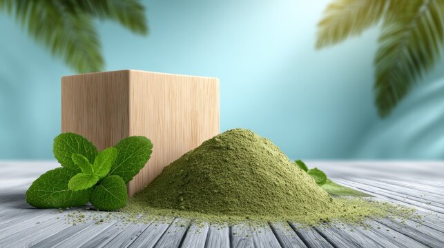 Green powder and fresh mint leaves with wooden block on textured surface