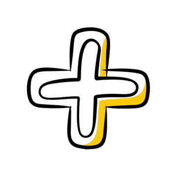 Plus sign icon graphic hand drawn element yellow and black outline on transparent background.