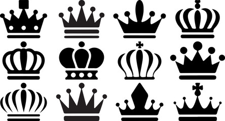 Royal crown silhouettes set with black imperial king and queen tiara vector graphic design elements © faiqa