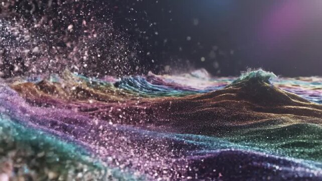 Vibrant colored particles explode over a wavy multicolored landscape at night.