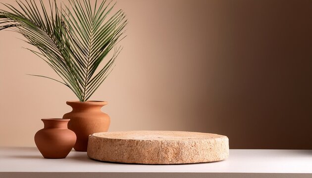 luxury product mockup with stone podium terracotta vases and palm in minimalist interior