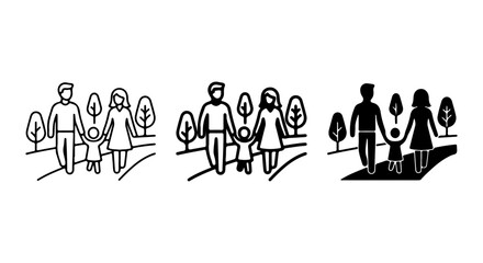 Fototapeta premium Family Walking in Park Icons, Three Styles: Outline, Filled, Silhouette. Outdoor Leisure Vector Set