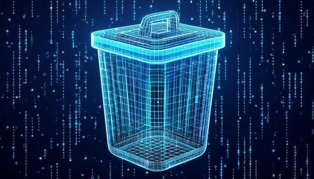 futuristic digital bin deletes data stream binary code forms rubbish cyberspace information deletion secure data removal concept network privacy clean up digital waste bin abstract