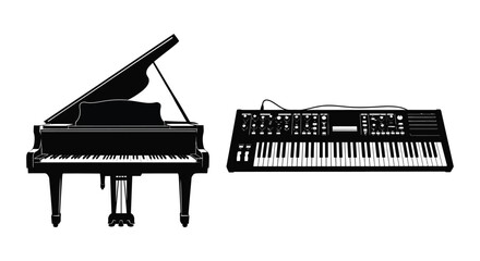 Black Silhouette Of Grand Piano And Electronic Keyboard Instrument © Urmi512
