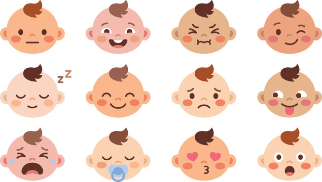 Cute flat vector illustration collection of various baby avatar faces showing different facial expressions moods and infant emotions.