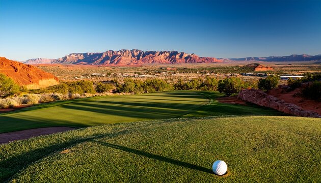 golf ball on tee box overlooking fairway and mountain range in st george utah scenic landscape view
