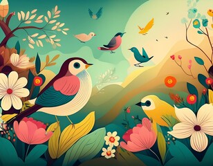 Fototapeta premium spring background with birds and flowers generative ai