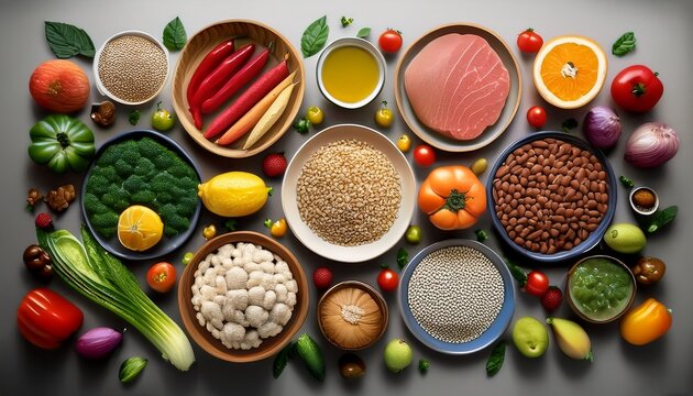 food safety concepts creatively arranged with various food items showcasing the importance of handling ingredients properly for health and hygiene in culinary practices