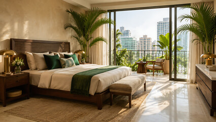 Fototapeta premium Tropical luxury bedroom with dark wood bed, emerald pillows, brass lamps, indoor palms, balcony seating, and bright city skyline view in golden sunlight