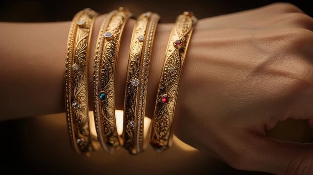 Elegant Gold Bangles Featuring Floral Engravings and Colorful Stones Showcase Intricate Jewelry Craftsmanship and Style