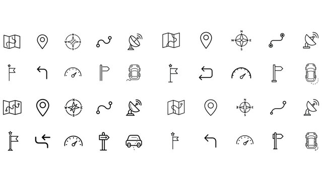 Set of navigation and travel icons including maps pins compasses cars satellites and roads on transparent background vector.