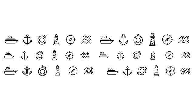 Seamless repeating pattern of maritime and nautical icons including ships anchors lighthouses compasses and waves on transparent background vector.