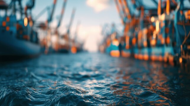 Ocean cargo transport maritime infrastructure supply chain resilience concept close up logistics optimization port efficiency selective focus ethereal Blend mode deep sea horizon backdrop. 